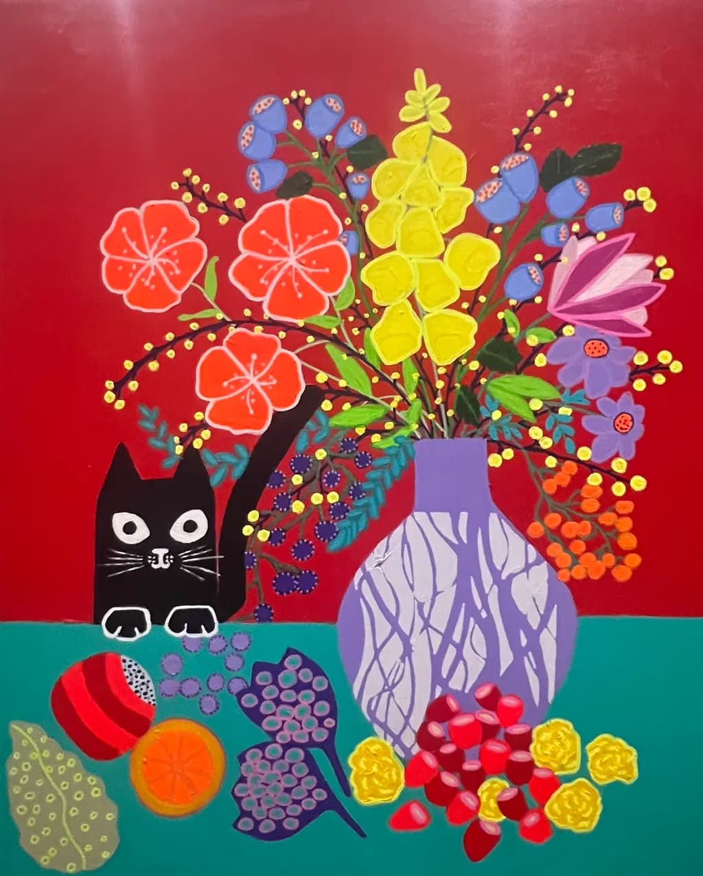Whimsical Floral Symphony: A Colorful Still-Life with a Playful Cat