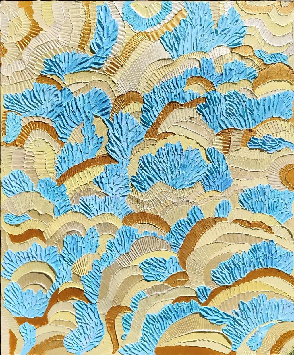 Whispers of the Ocean: A Textured Dance of Blue and Gold Waves