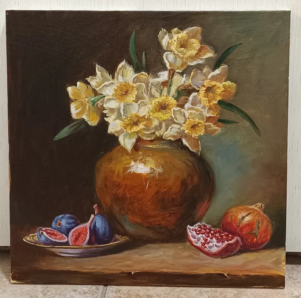 Vibrant Harmony: A Still Life of Daffodils and Fruit in Earthy Tones