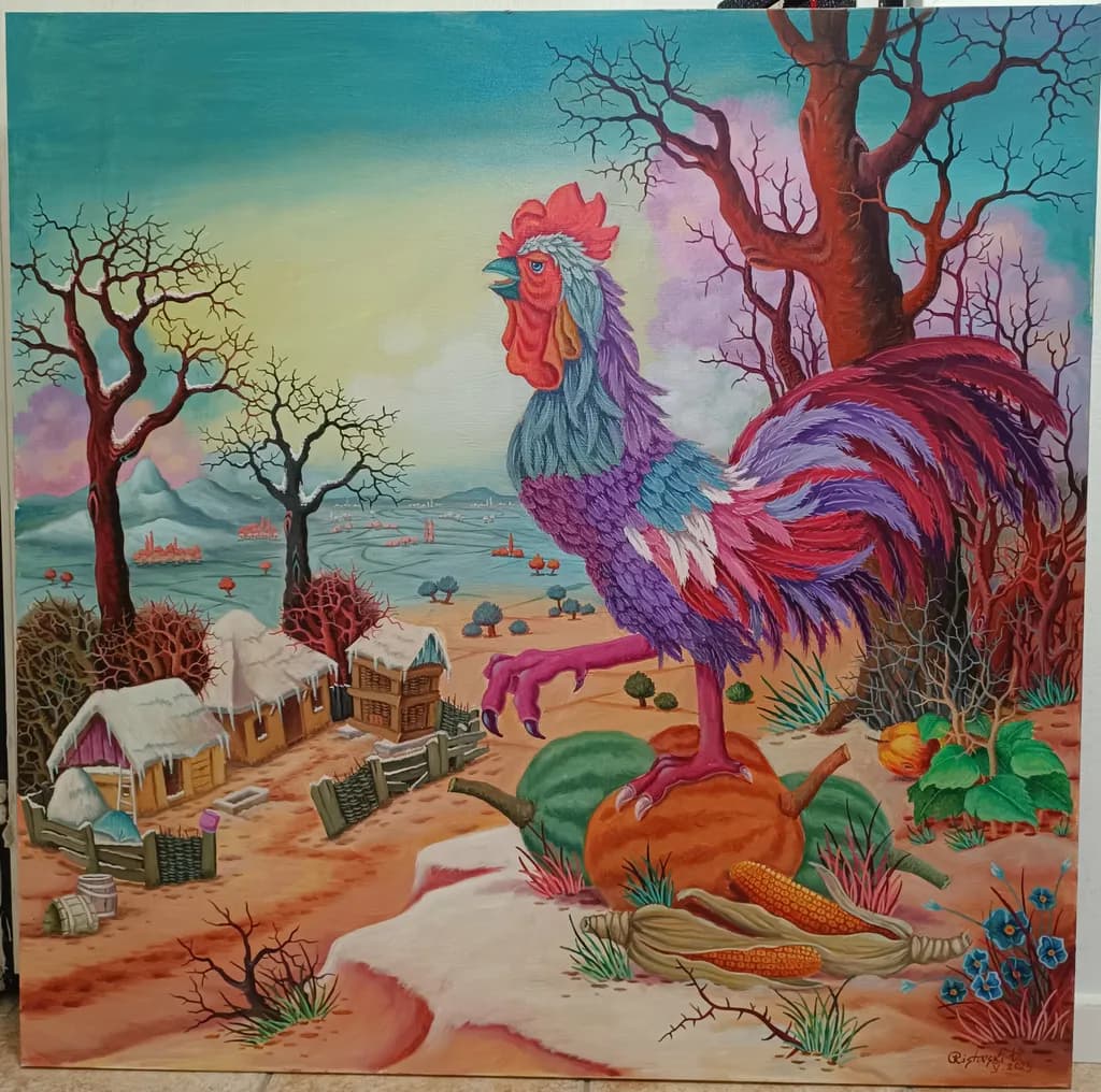 Vibrant Rooster: A Whimsical Journey Through Colorful Landscapes and Rustic Charm