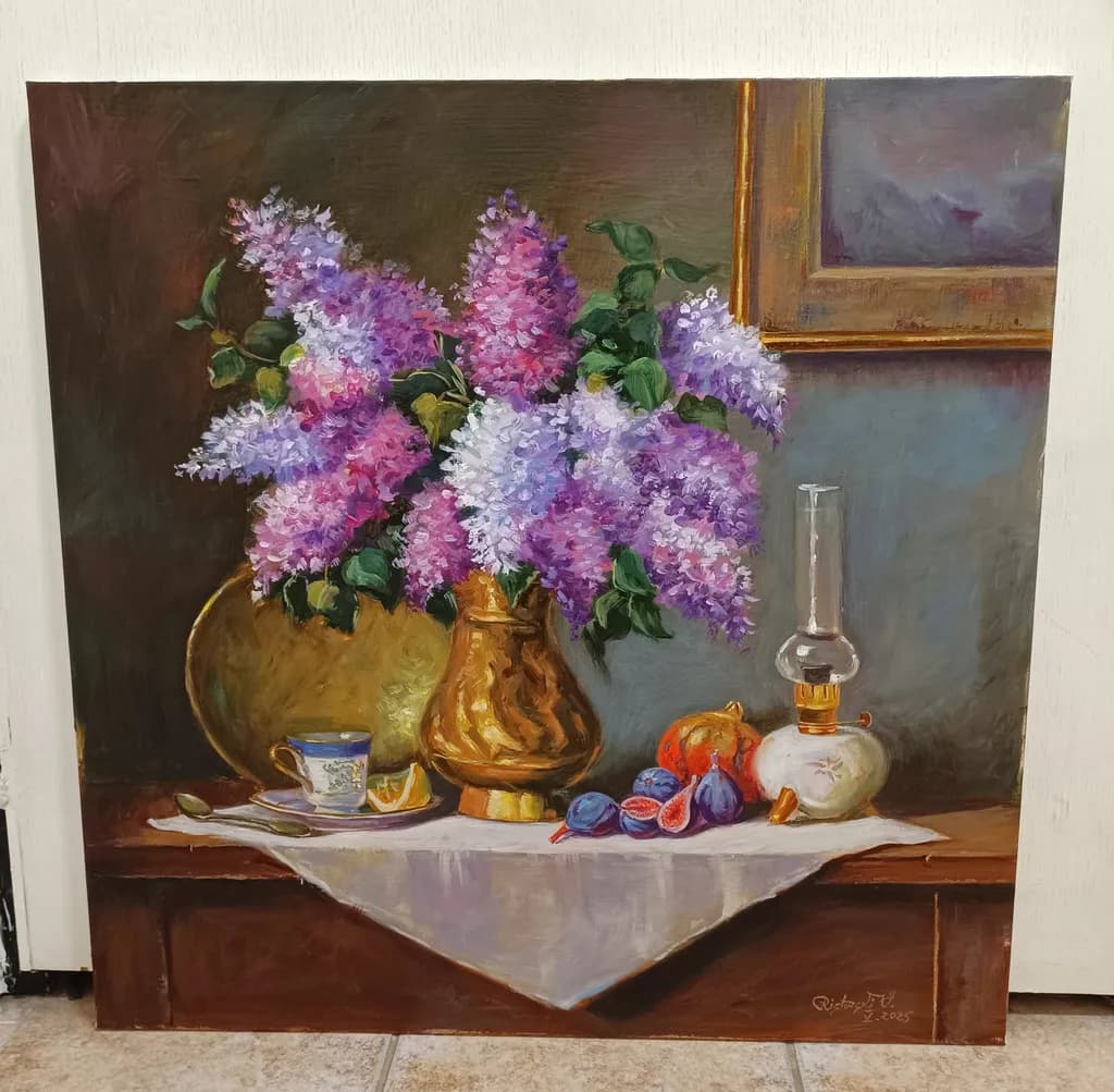 Lilac Dreams: A Vibrant Still Life of Blossoms and Bounty