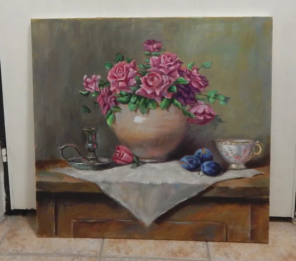 Whispers of Spring: A Serene Still Life of Roses and Plums