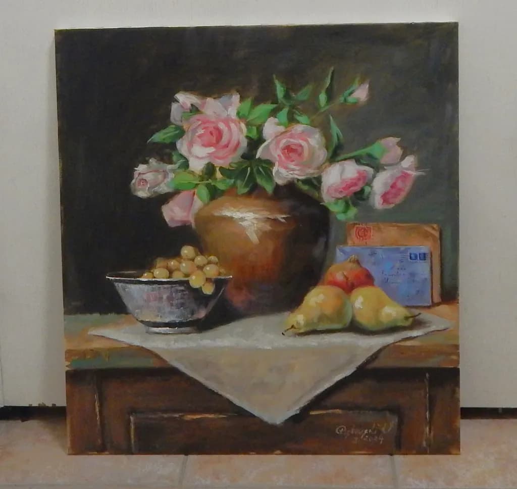 Whispers of Nature: A Still Life of Roses and Fruits in Harmony