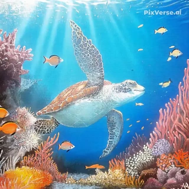 Serene Journey: A Turtle's Dance Through Vibrant Coral Reefs Under Sunlit Waters