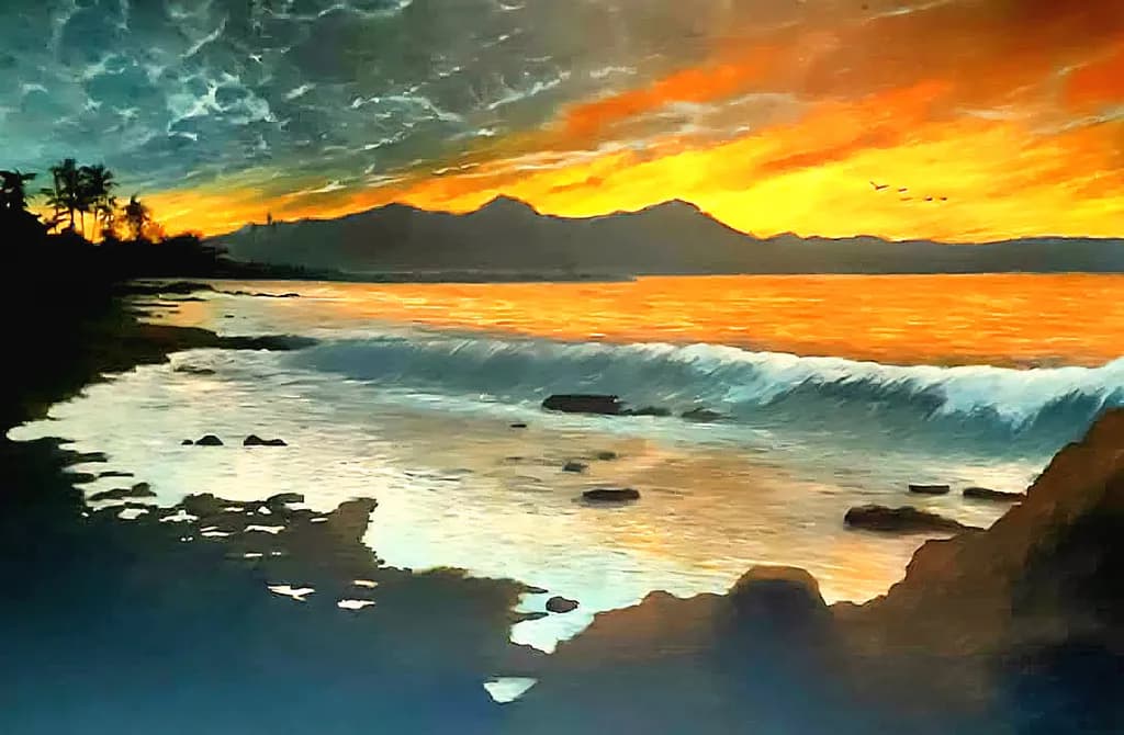 Serenity at Sunset: A Tranquil Beach Landscape with Waves and Clouds