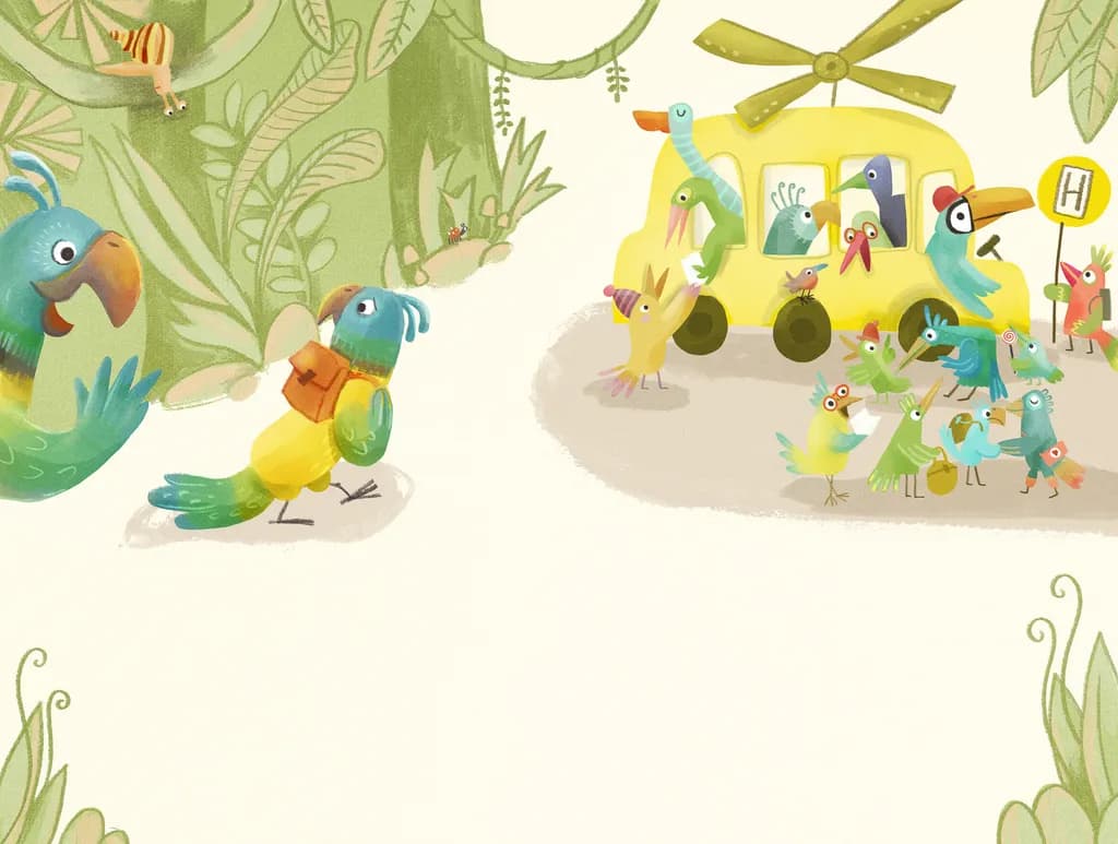 Whimsical Jungle Journey: A Colorful Aviary Adventure with Playful Birds and Transport Fun