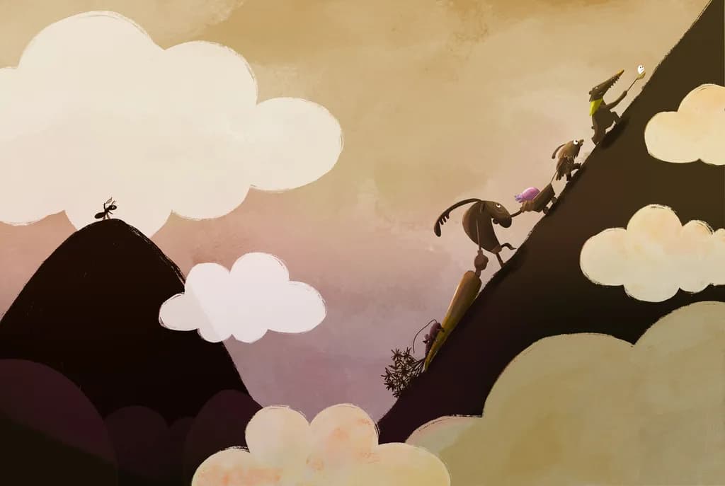 Journey to the Summit: A Whimsical Ascent Through Clouds and Mountains