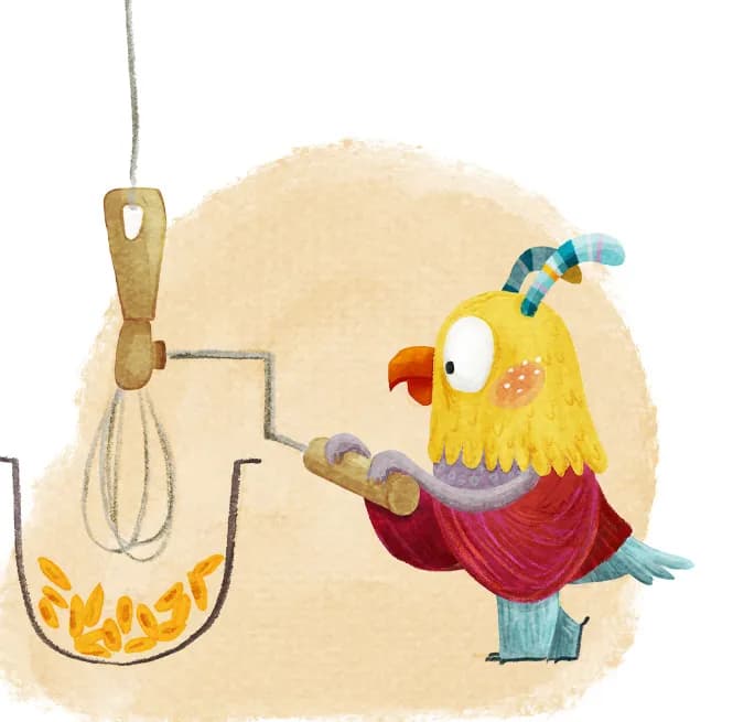 Whisking Up Fun: A Playful Bird's Colorful Kitchen Adventure