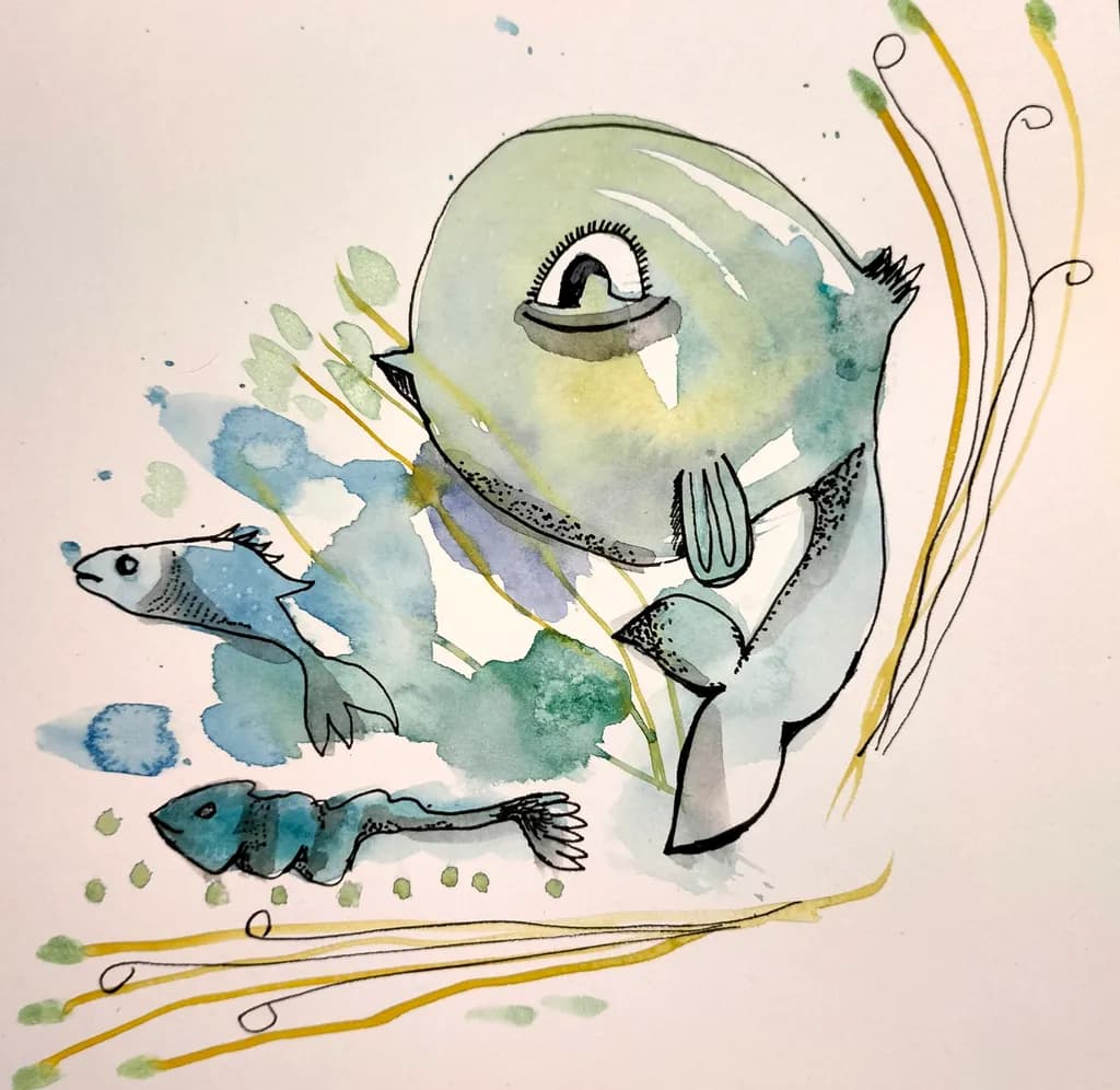 Whimsical Underwater Dance: A Playful Watercolor Journey Through Fish and Sea Life