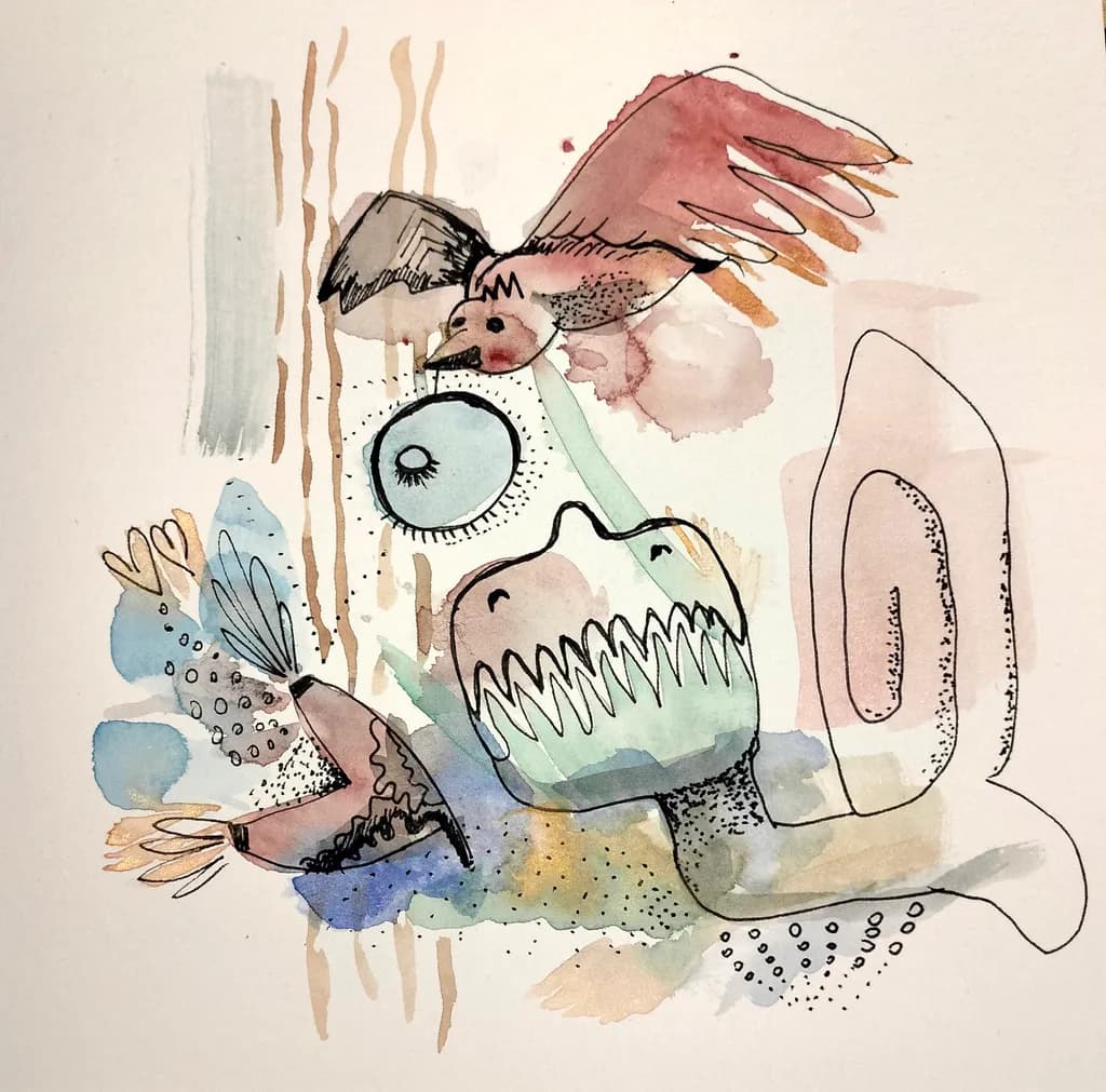 Whimsical Encounters: A Dance of Birds and Abstract Forms in Watercolor Dreams