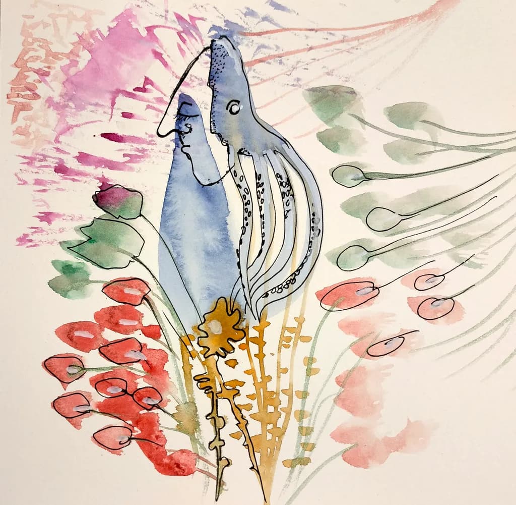 Whimsical Ocean Blooms: An Abstract Watercolor Dance of Octopus and Floral Elegance
