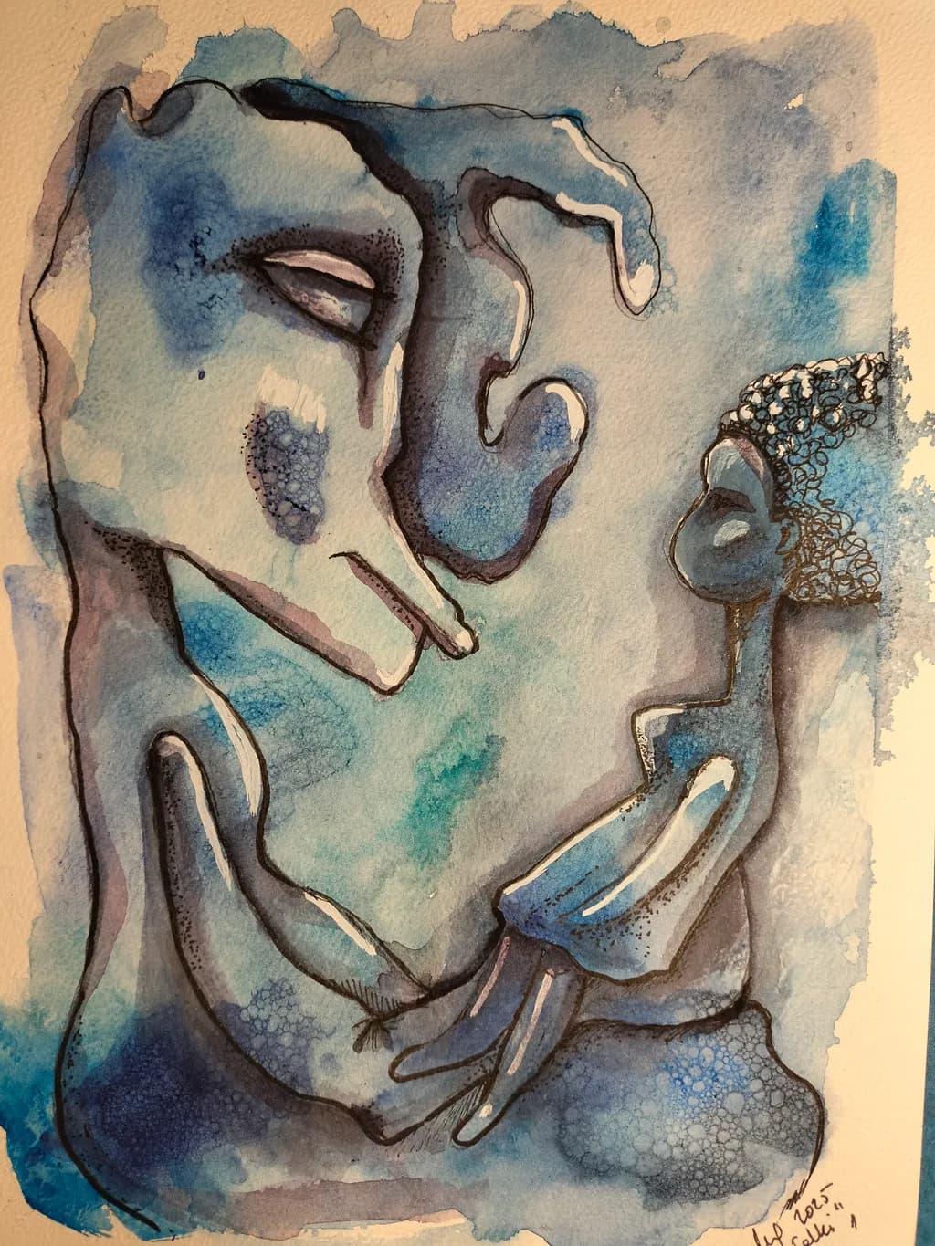 Emotional Embrace: An Abstract Watercolor Journey in Blue Tones