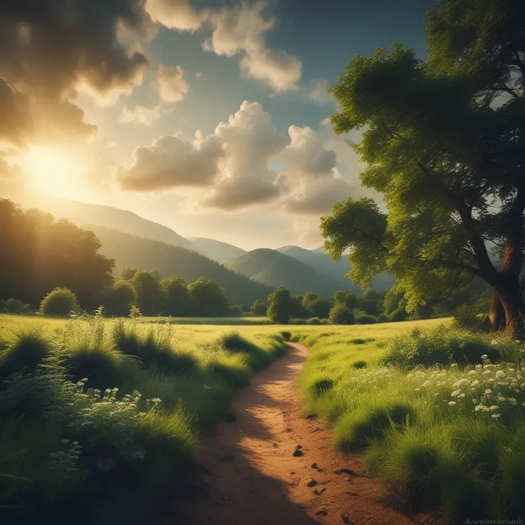 Serenity in Nature: A Tranquil Path Through Lush Green Landscapes at Dusk