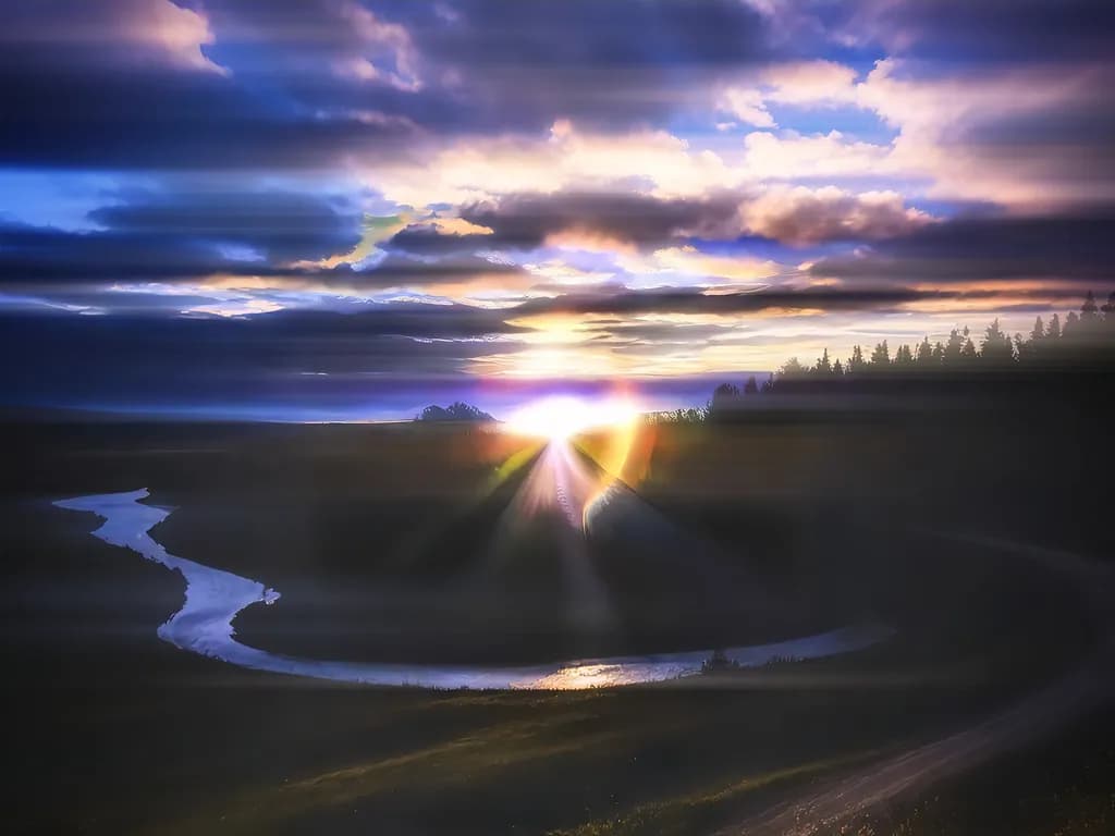 Whispers of Dawn: A Serene River's Embrace Under a Radiant Sky