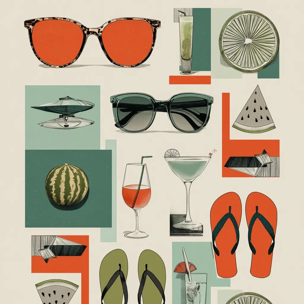 Summer Vibes: A Playful Collage of Sunglasses, Refreshing Drinks, and Tropical Delights