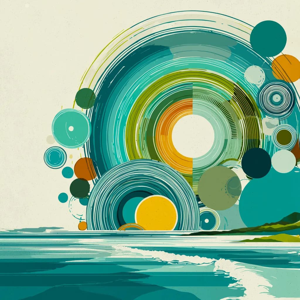 Serene Geometric Waves: An Abstract Landscape of Colorful Circles and Tranquil Shores