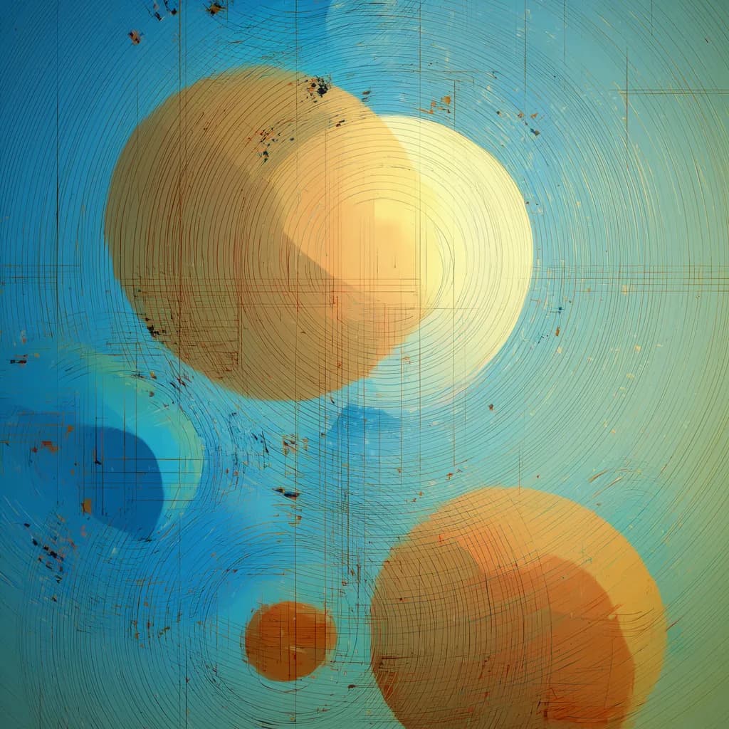 Celestial Whirls: An Abstract Journey Through Geometric Planets in Blue and Gold