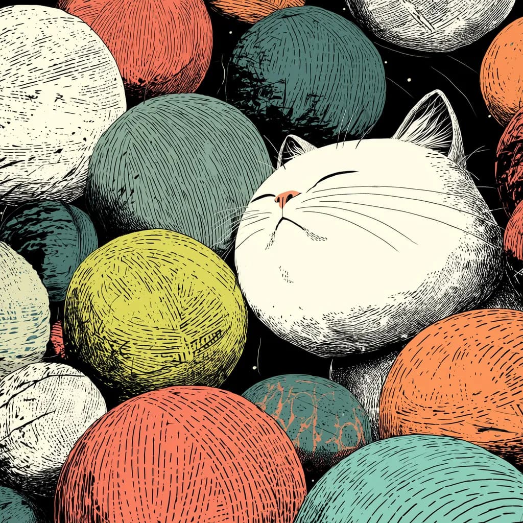 Whiskered Dreams: A Cat's Journey Through Colorful Orbs in Cosmic Serenity