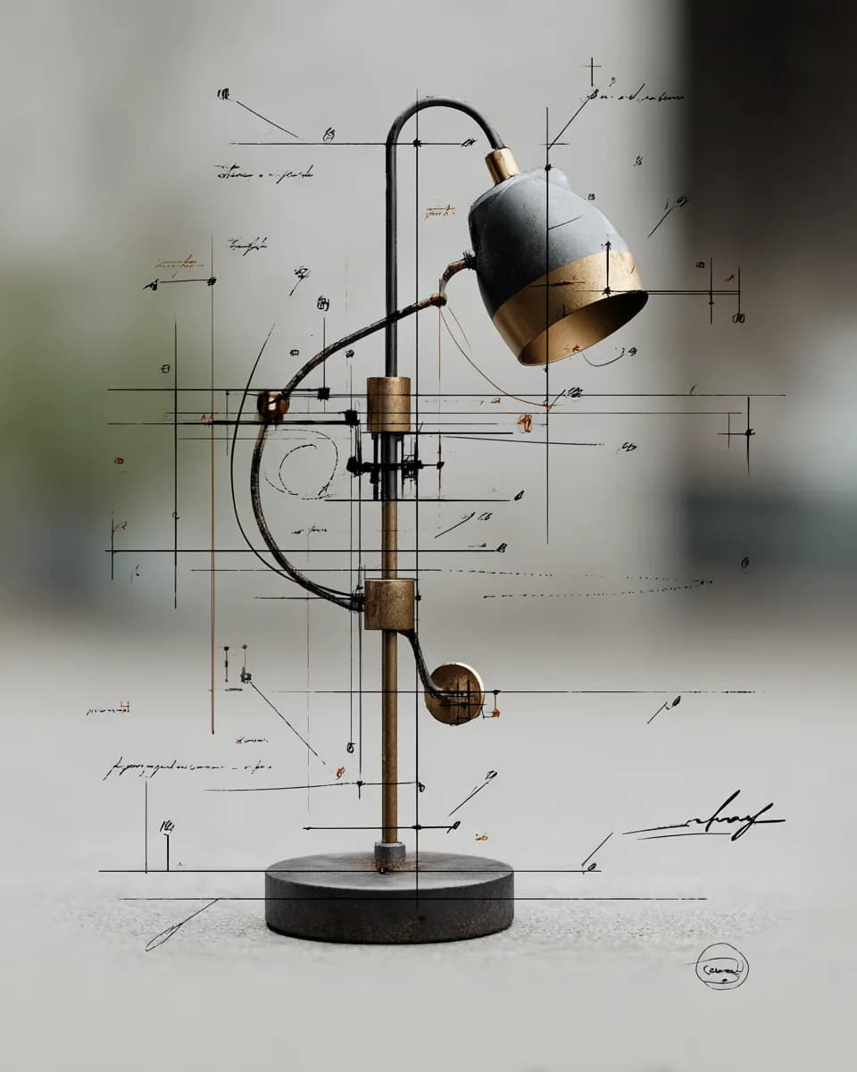 Illuminated Elegance: A Modern Industrial Lamp Design with Architectural Blueprints