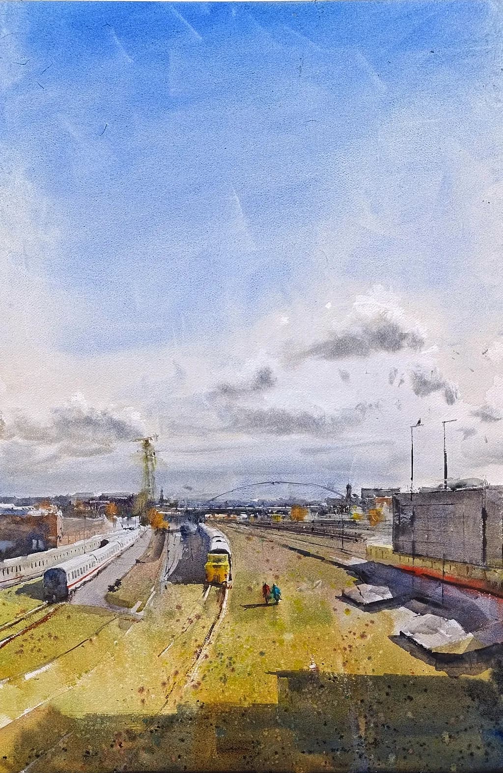 Urban Serenity: A Watercolor Journey Through Trains and Clouds