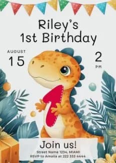Dino Delight: Riley's 1st Birthday Celebration Invitation