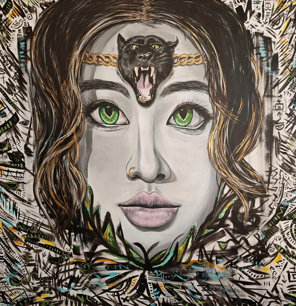 Mystical Gaze: The Panther's Roar in a Green-Eyed Portrait