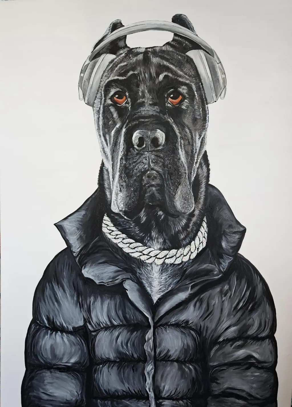 Urban Canine Vibes: A Stylish Portrait of a Dog in Headphones and Puffer Jacket