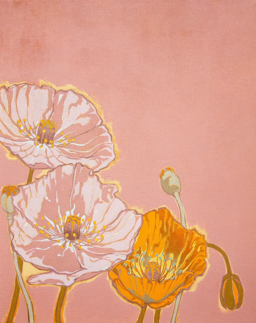 Whispers of Spring: Delicate Poppies on a Blush Canvas