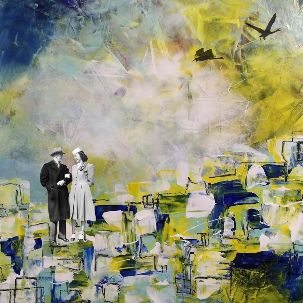 Whimsical Romance: A Nostalgic Dance Among Abstract Landscapes
