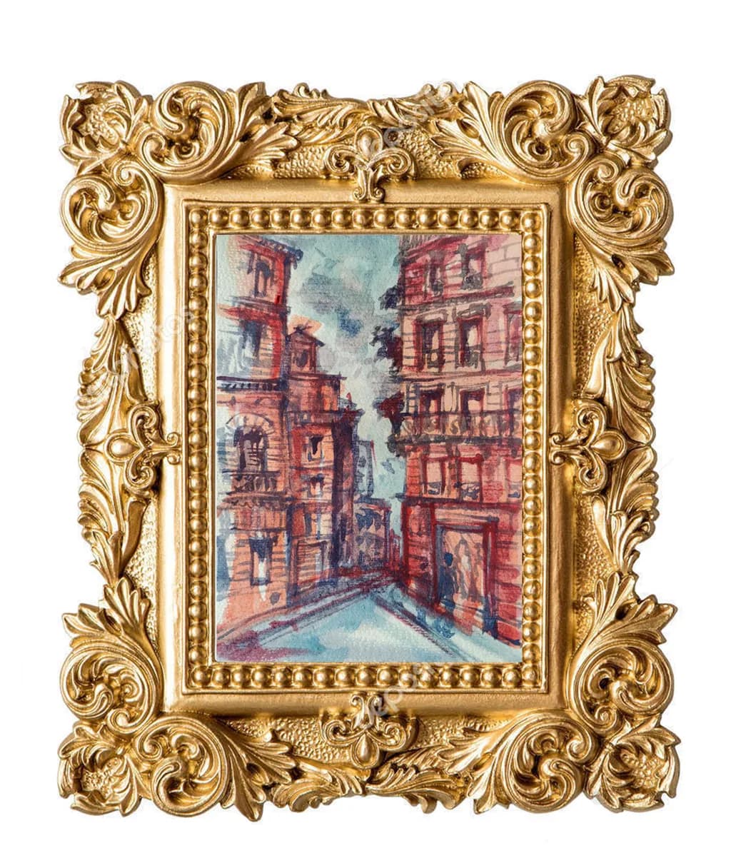 Whispers of the Past: A Watercolor Journey Through Historic Streets in Ornate Gold Frame