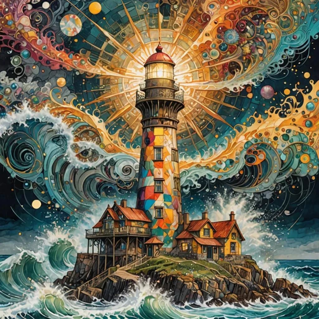 Radiant Beacon: A Whimsical Lighthouse Amidst Cosmic Waves