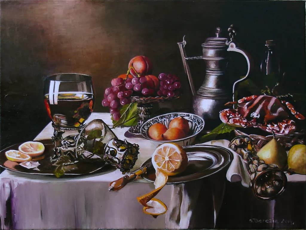 Elegant Still Life: A Symphony of Fruits and Glassware