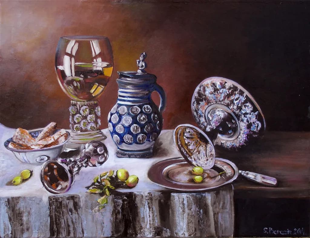 Elegant Still Life: Reflections of Glass and Pottery with Silver Accents