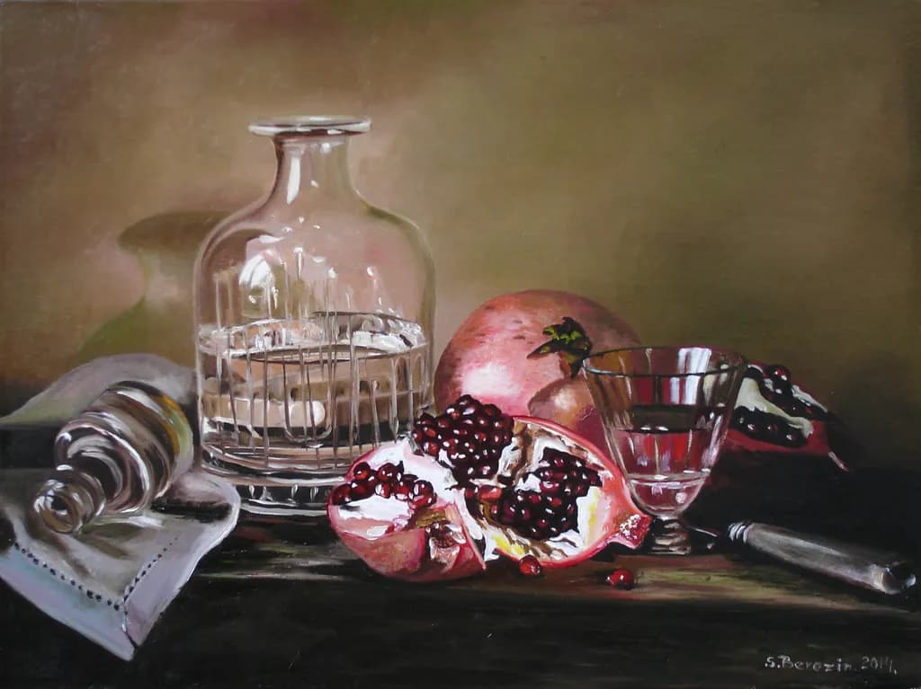 Elegant Still Life: Pomegranate and Glass Composition