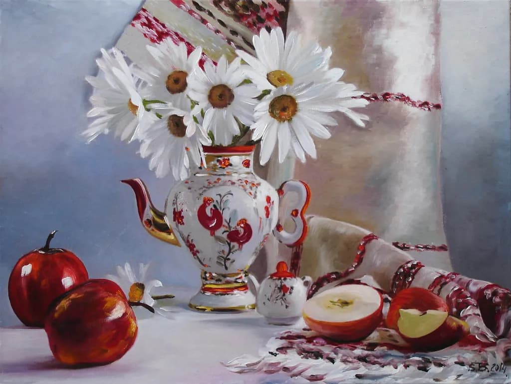 Whispers of Spring: A Serene Still Life with Daisies, Apples, and a Vintage Teapot