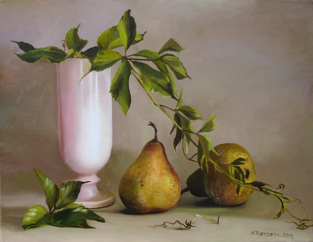 Serene Still Life: Pears and Leaves in a Delicate Vase