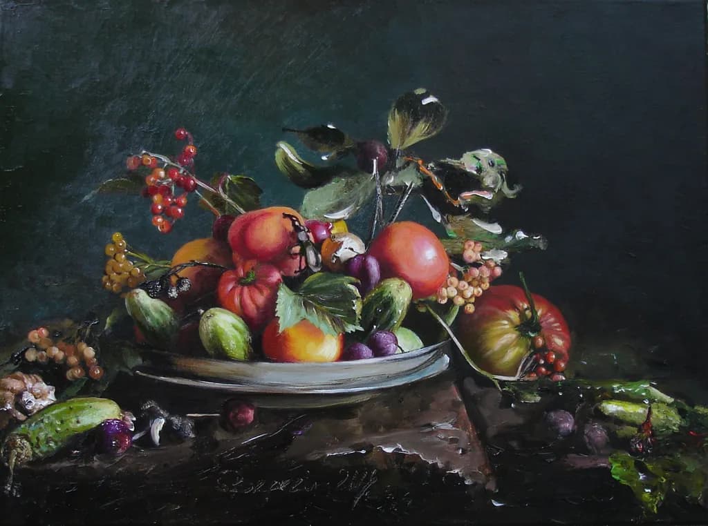 Vibrant Harvest: A Lush Still Life of Fruits and Foliage
