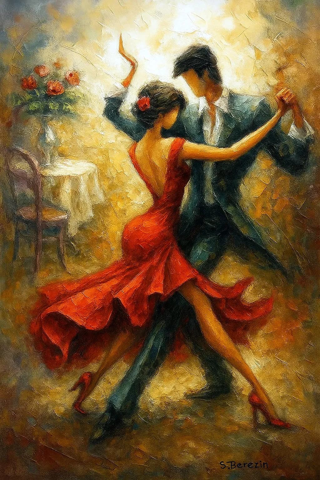 Eternal Dance: A Passionate Embrace in Red and Gold