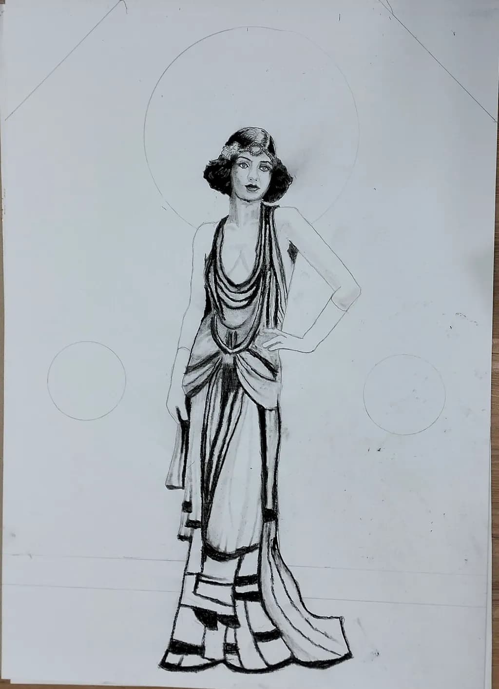 Elegance of the 1920s: A Vintage Portrait in Charcoal and Fashion Sketches