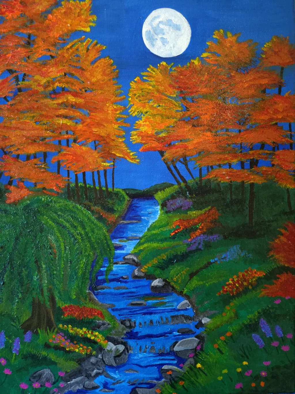 Whispers of Autumn: A Moonlit Stream in Vibrant Hues