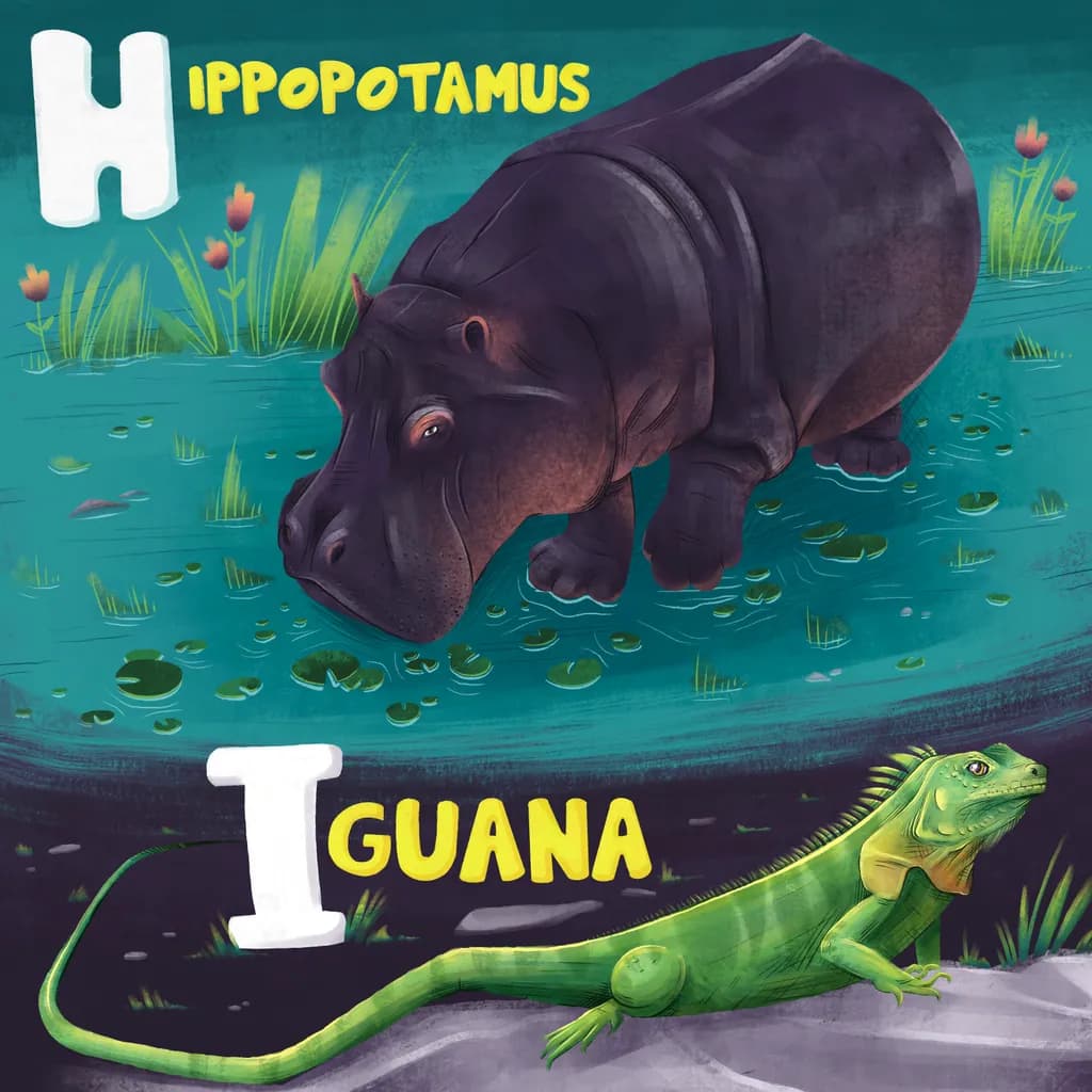 Whimsical Waterworld: A Playful Encounter with Iguanas and Hippos