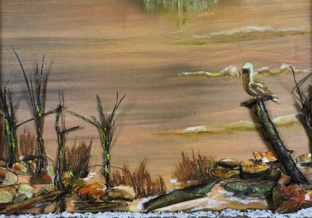 Whispers of Nature: A Serene Landscape with a Pelican and Textured Earth Elements
