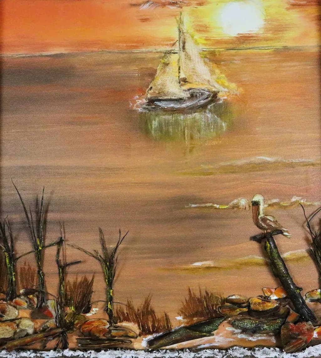 Serenity at Sunset: A Tranquil Sailing Scene with Pelican and Reflections