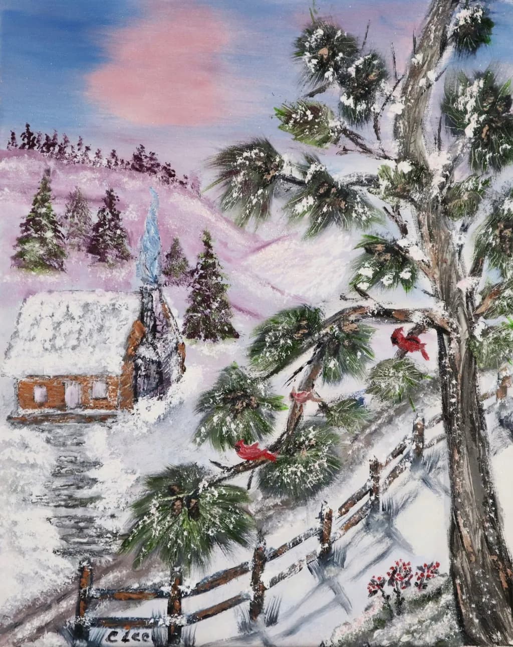 Winter Serenity: A Snowy Retreat with Cardinals and Pine Trees