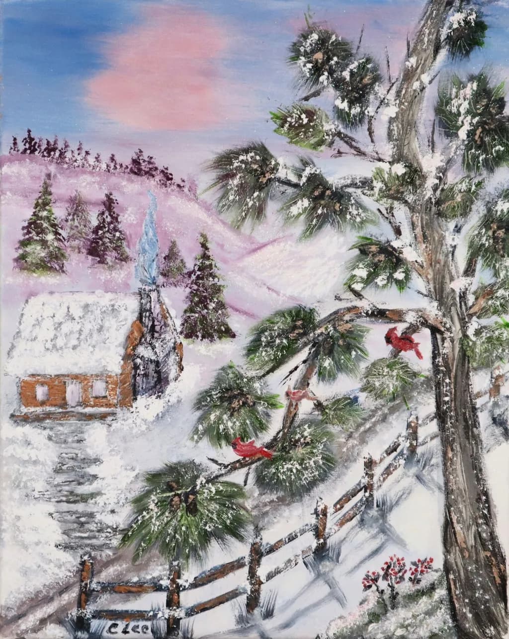 Winter Serenity: A Snowy Retreat with Cardinals and Pine Trees