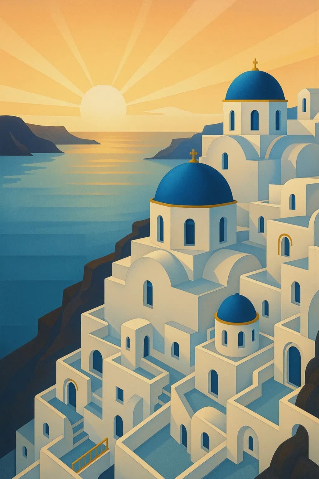 Serene Coastal Sunset: A Tranquil Architectural Landscape in Blue and Gold