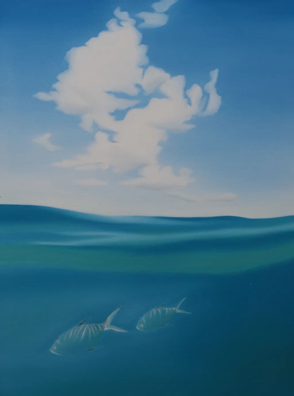 Serenity Beneath the Sky: A Tranquil Ocean Scene with Fish and Clouds