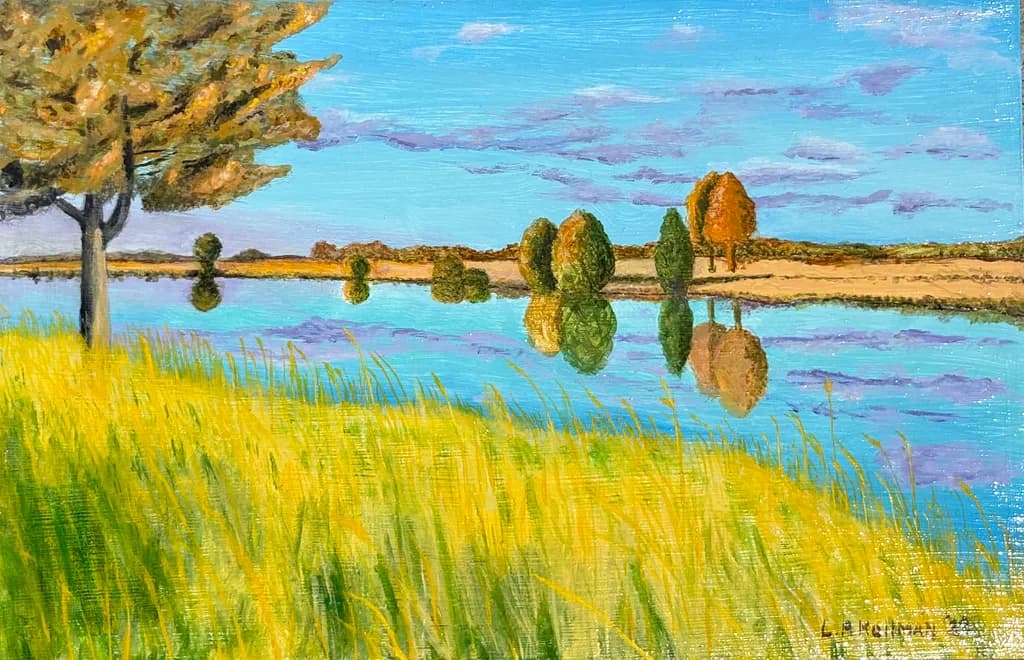 Serenity by the Water: A Tranquil Landscape of Reflections and Golden Grasses