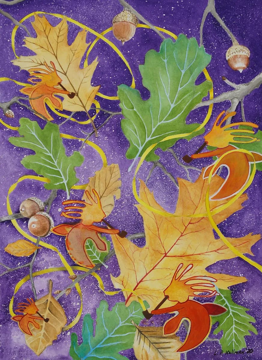 Whimsical Dance of Autumn Leaves and Creatures: A Vibrant Watercolor Journey Through Nature's Palette