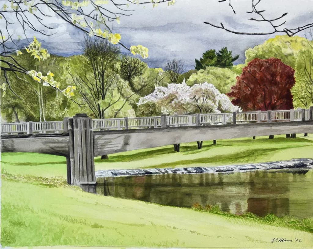 Serenity in Bloom: A Tranquil Bridge Over Still Waters in Springtime Splendor